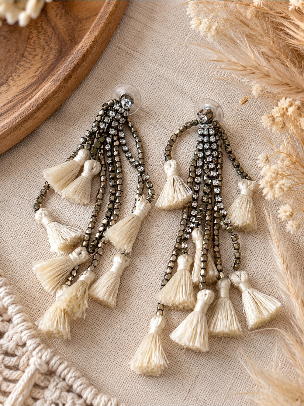 Boho Tassel Statement Earrings Cream & Bronze Beaded Fringe
